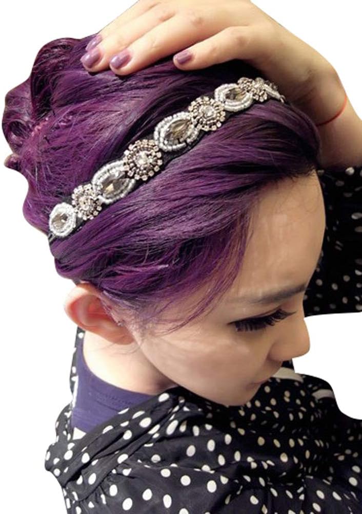 Close up of OTYOU rhinestone beaded hair hoop showing crystal workmanship.