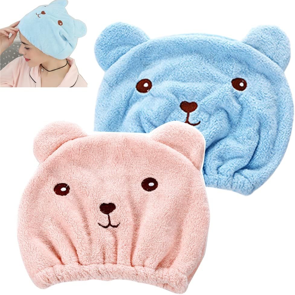 Anller 2 Pack Hair Drying Cap front view in blue and pink