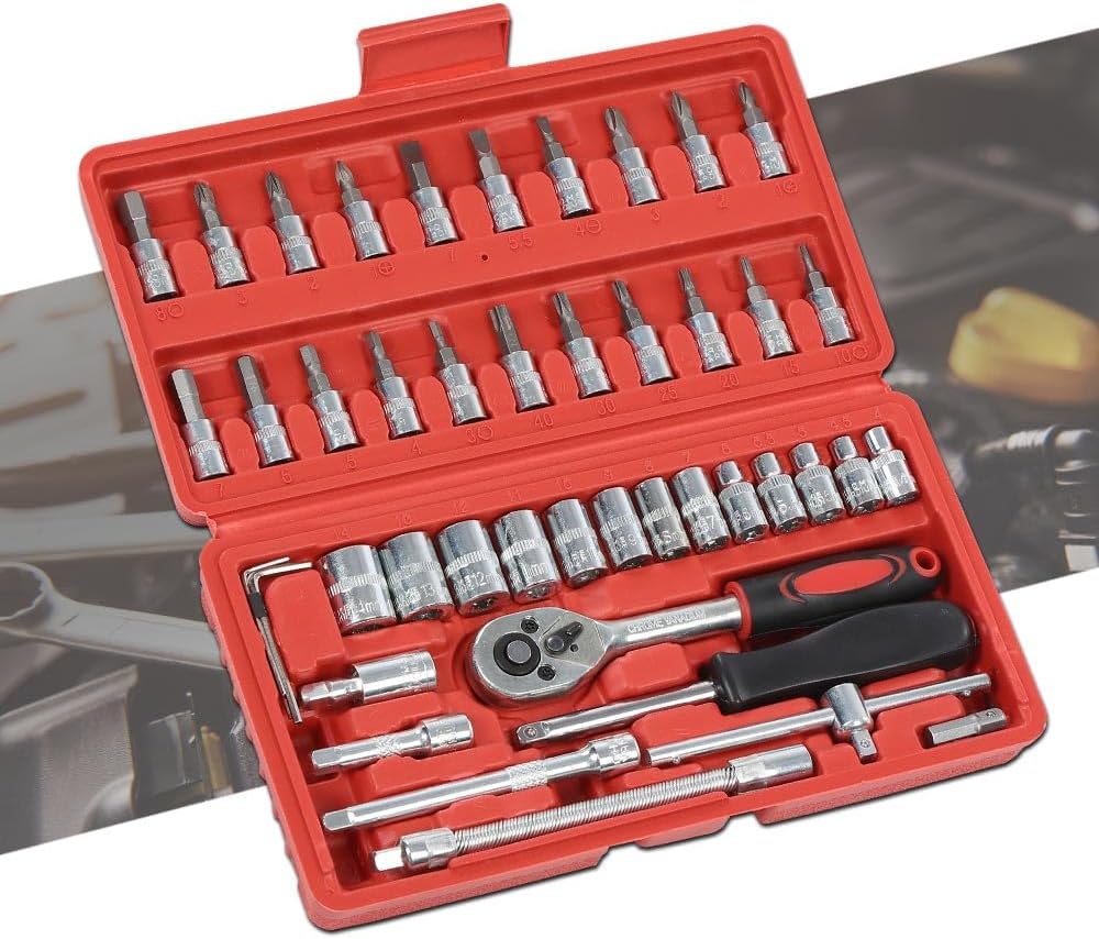 G-PLUS tool set open red case showing 46 components