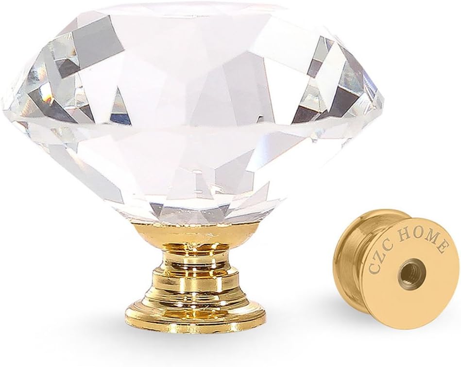 CZC HOME 10 PCS Diamond Crystal Glass Pull Handle Cabinet Knobs Cupboard Drawers Cabinet Dresser Bookcase Wardrobe (40mm, Gold) - Image 1