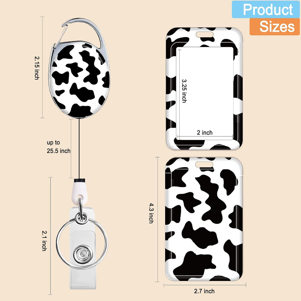 Milk cow print badge reel with carabiner clip