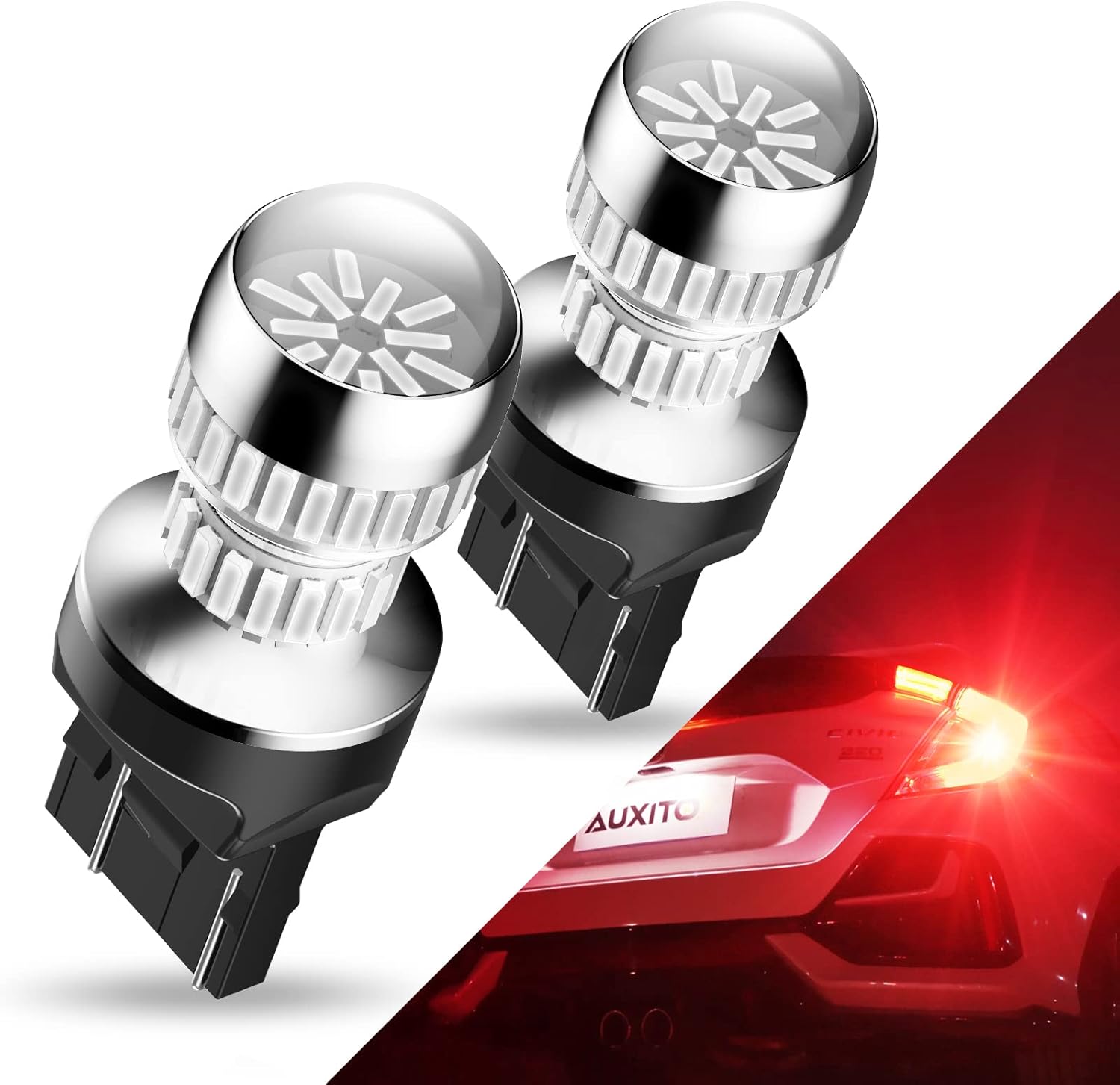 AUXITO Upgraded 7440 7443 LED Bulb Red front view showcasing the projector lens and premium electroplating housing design.