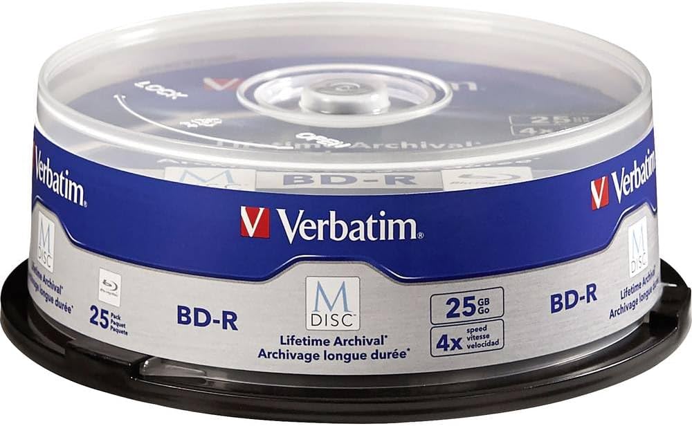 Verbatim M-Disc BD-R 25GB front view spindle packaging