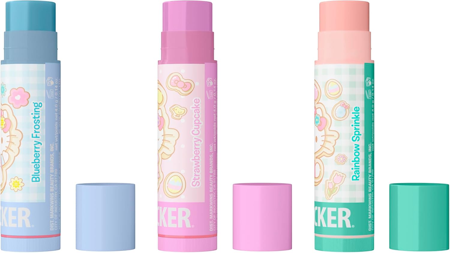 Hello Kitty collectible egg lip balm trio showing flavored sticks