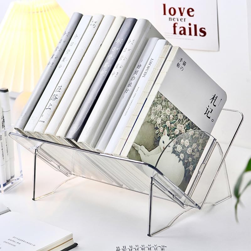 Side profile view of durable acrylic desktop media display stand.