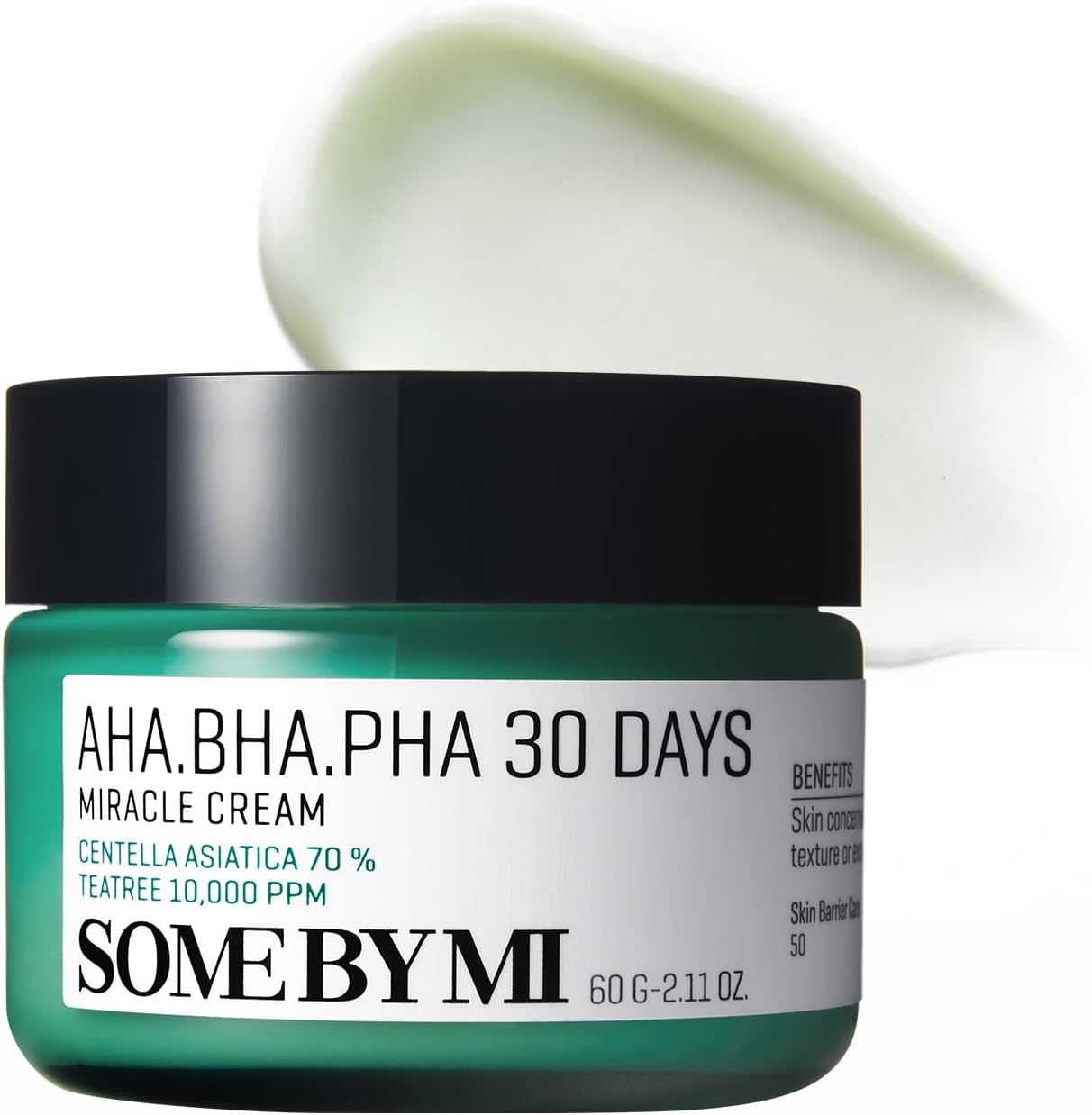 Some By Mi AHA BHA PHA 30 Days Miracle Cream front view of the green jar moisturizer for acne care