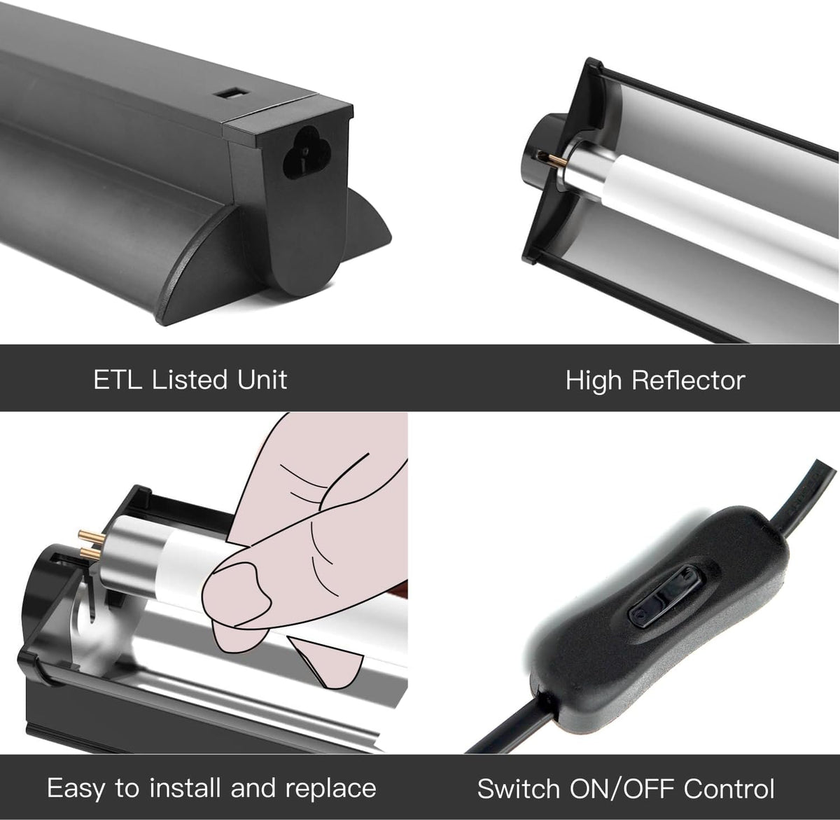 ReptiKing upgraded T5 fluorescent fixture with curved aluminum reflector details.