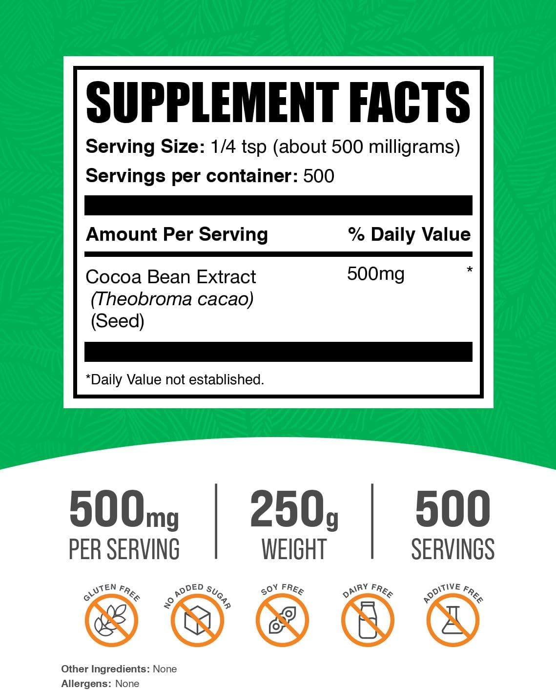 BulkSupplements Cocoa Bean Extract Powder 250g nutrition facts label showing pure ingredients and serving size info