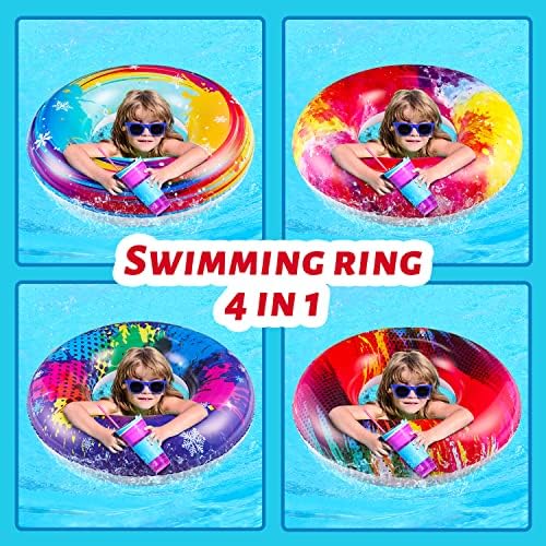 Four colorful swimming rings and two beach balls