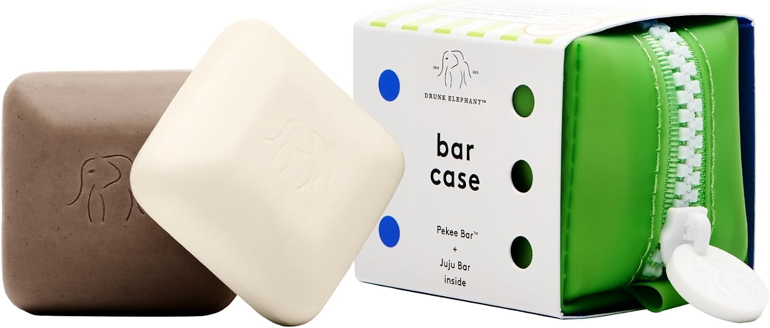 Drunk Elephant Juju and Pekee Baby Bar travel duo with case front view