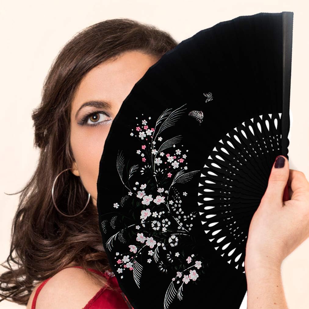 Wobe Black Linen Fabric Folding Hand Fan Grassflowers Bamboo for Summer - Image 6