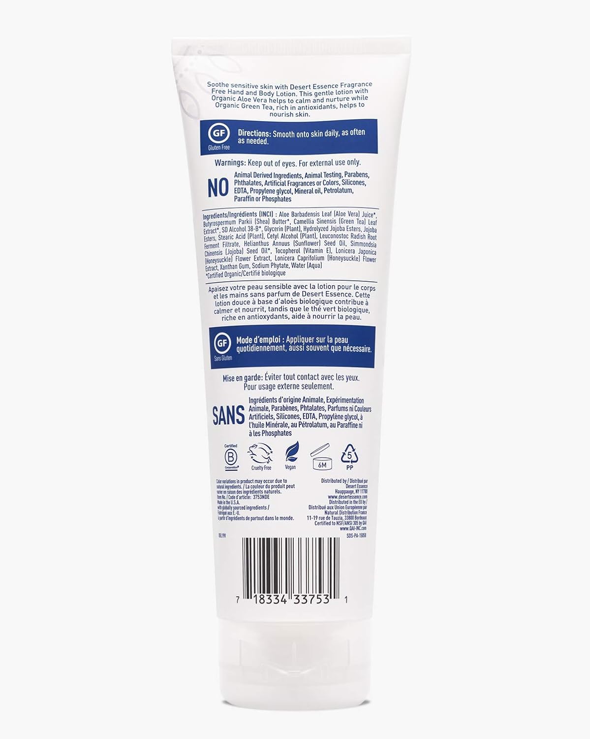 Desert Essence Fragrance Free Hand and Body Lotion back label ingredients