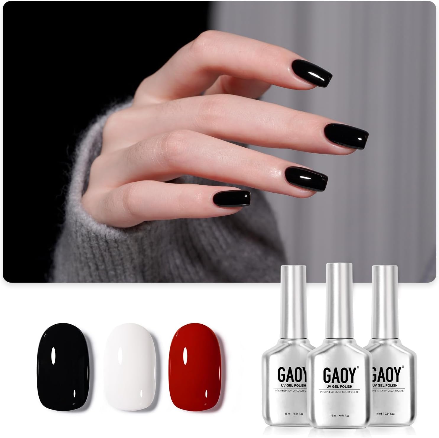 GAOY Gel Nail Polish Kit, 3 Colors 16ml White Red Black, Soak Off UV Gel Polish Set - Elegant Waltz - Image 1