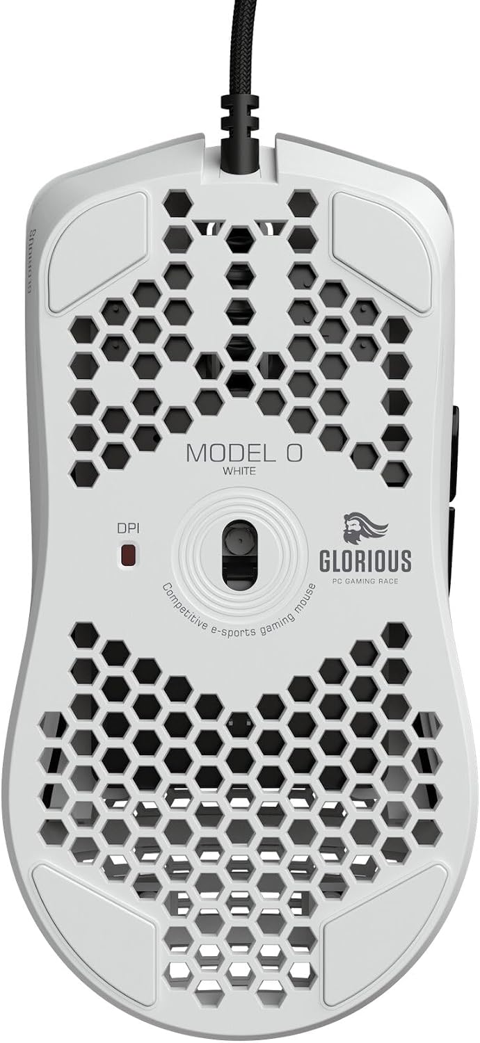 Glorious Model O gaming mouse placed on a desk setup
