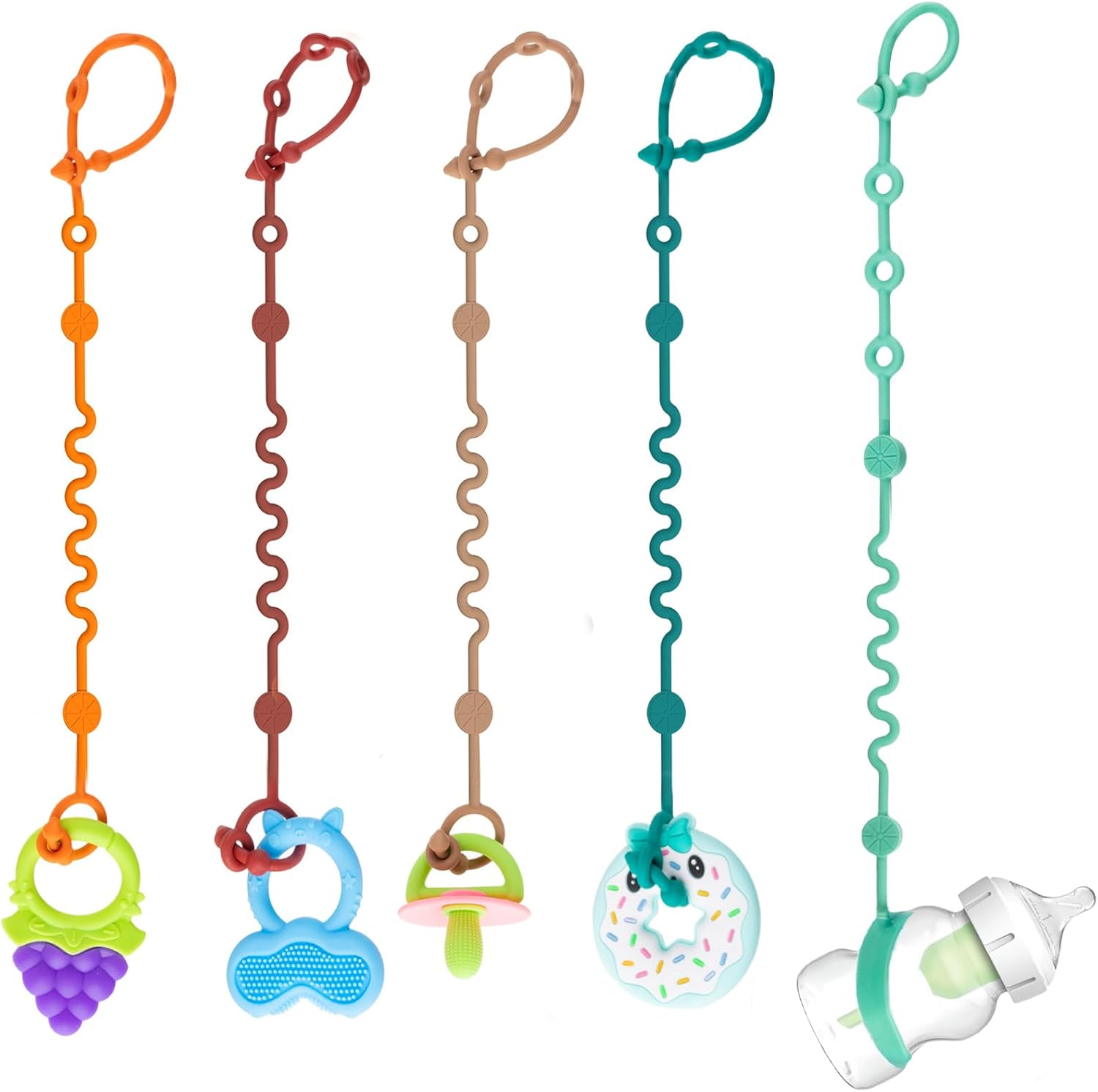 LittleHugs silicone toy straps front view five pack travel essential