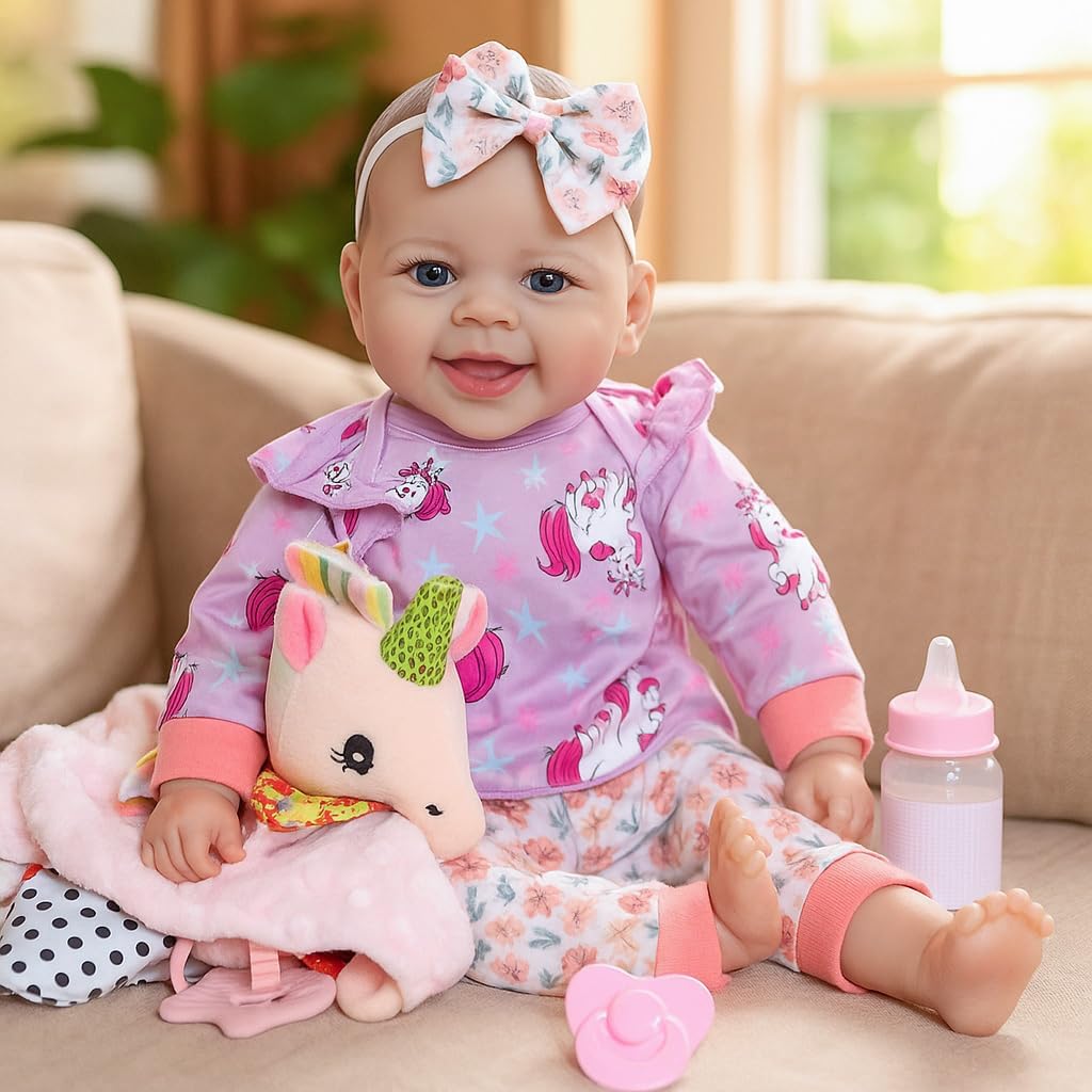 SCOM reborn baby girl doll front view showcasing realistic facial features and outfit.