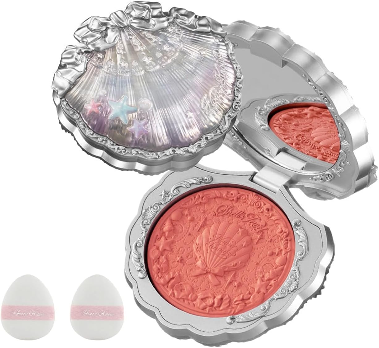 Flower Knows Shells Jewel Silk Satin Blush 01 front view of silver seashell compact