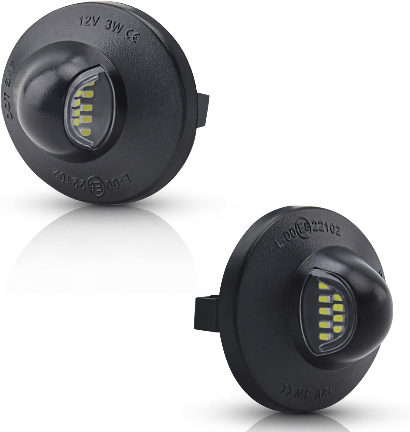 Asgohme LED license plate lights pack of two front view displaying clear dome lenses.