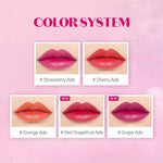 Water-based long lasting cosmetic tint for lips and cheeks.