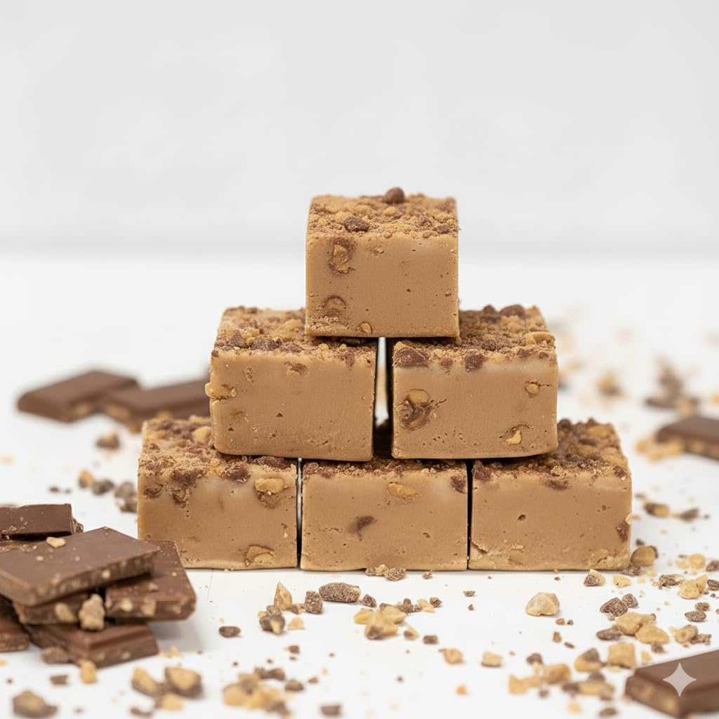 Handcrafted American chocolate peanut caramel fudge block sliced and ready to serve