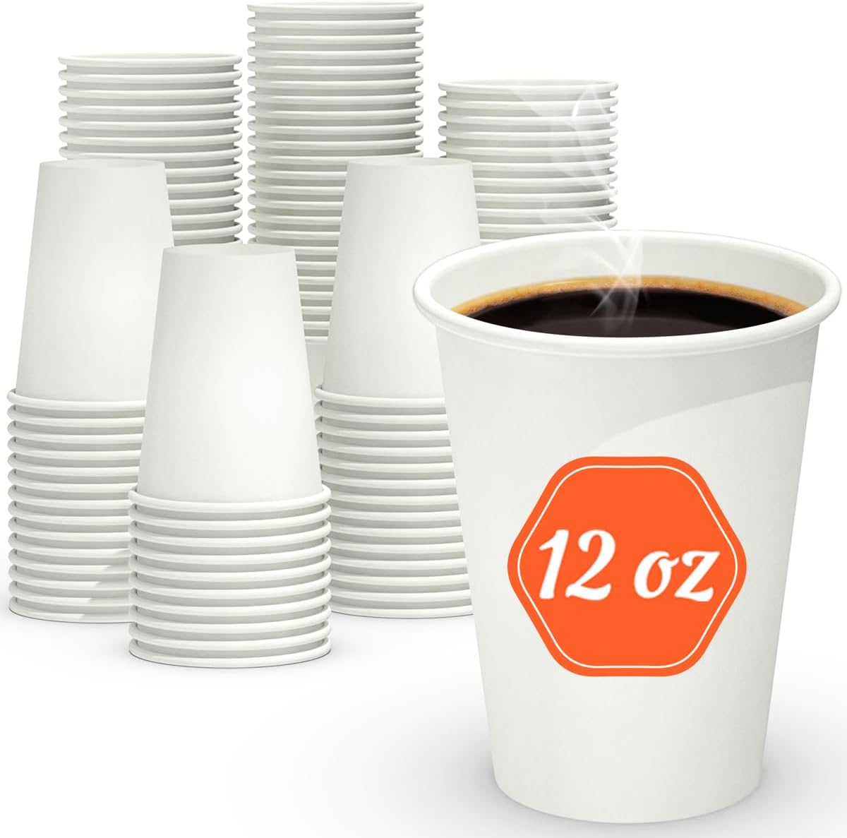 Dealusy 12 ounce paper coffee cups front view in bulk pack.