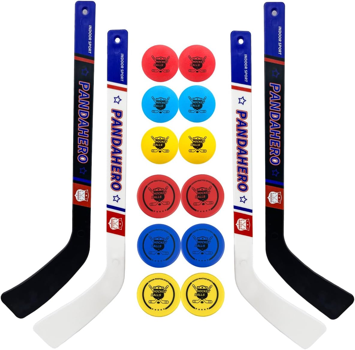 Pandahero mini knee hockey sticks set front view showing complete kids indoor sports kit