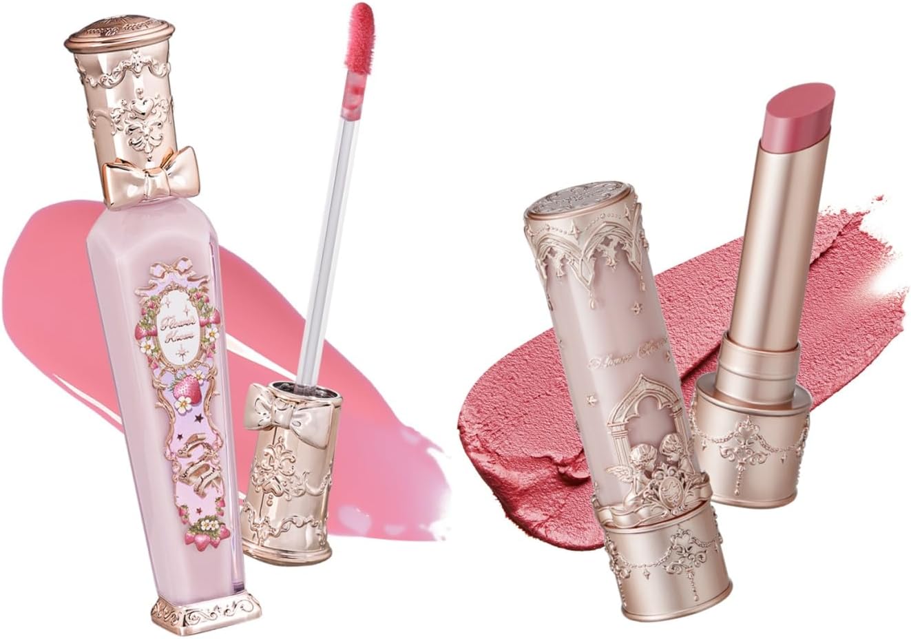 Flower Knows Violet Strawberry Rococo Glowy Lip Gloss and Matte Lipstick set packaging front view.