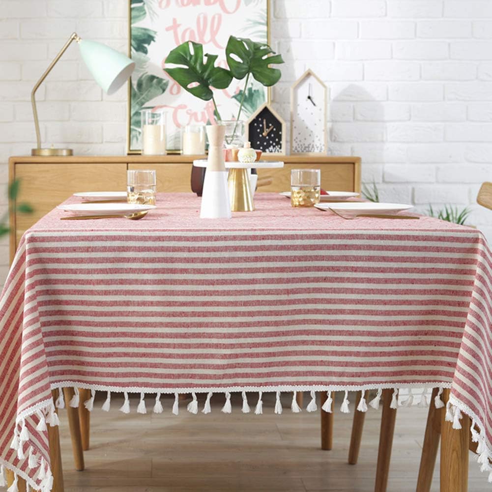 AMZALI Stripe Tassel Tablecloth front view red tablecloth