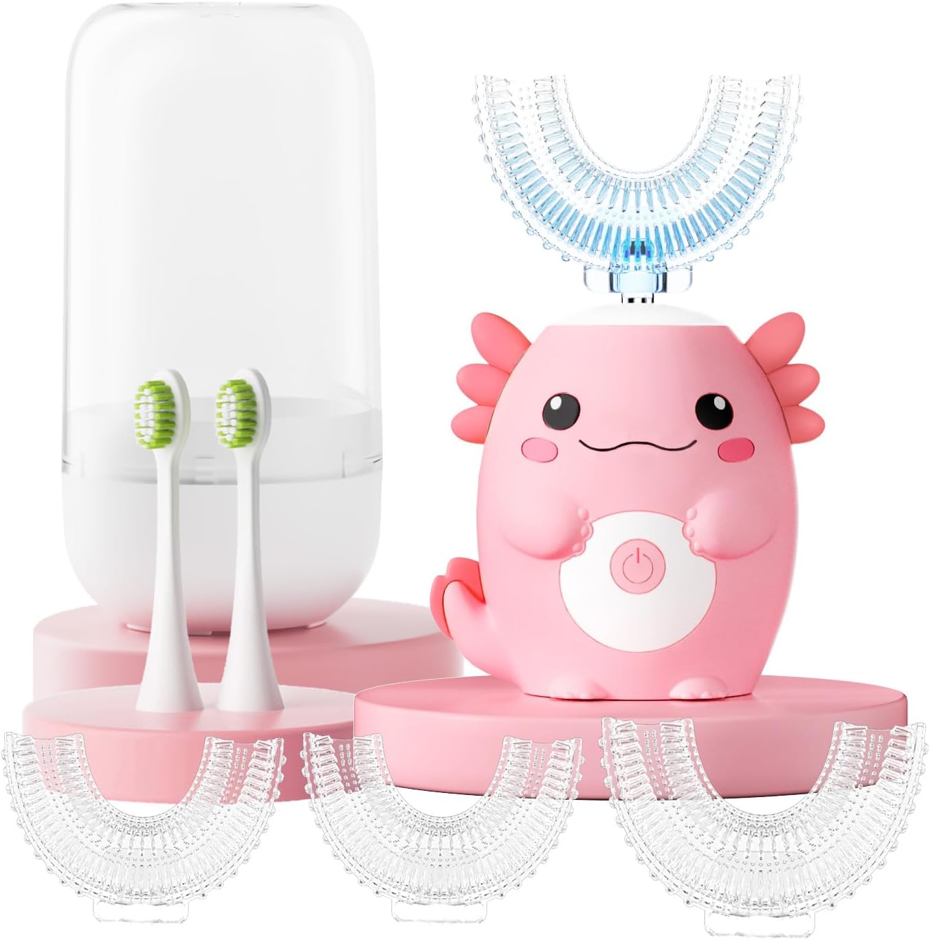 Kids Electric U Shaped Toothbrush - Axolotl Kids Sonic Toothbrush with 6 Brush Head Automatic 6 Cleaning Modes Full Mouth Cleaning-Pink - Image 1