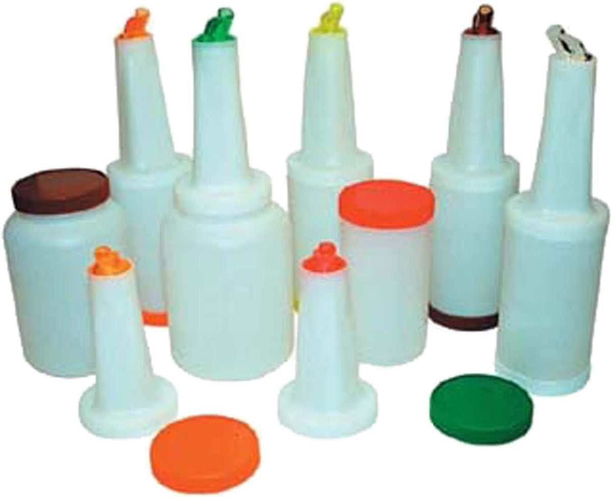 Winco NSF certified food storage bottle with bottom cap unscrewed