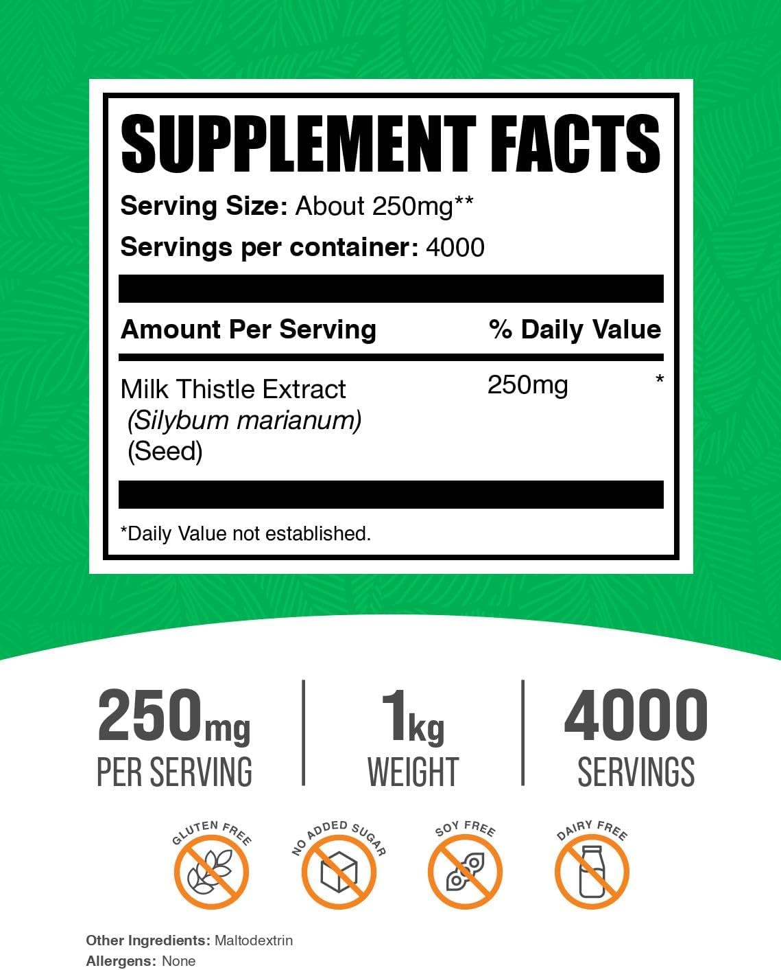 BulkSupplements Milk Thistle Powder nutritional facts and ingredient label
