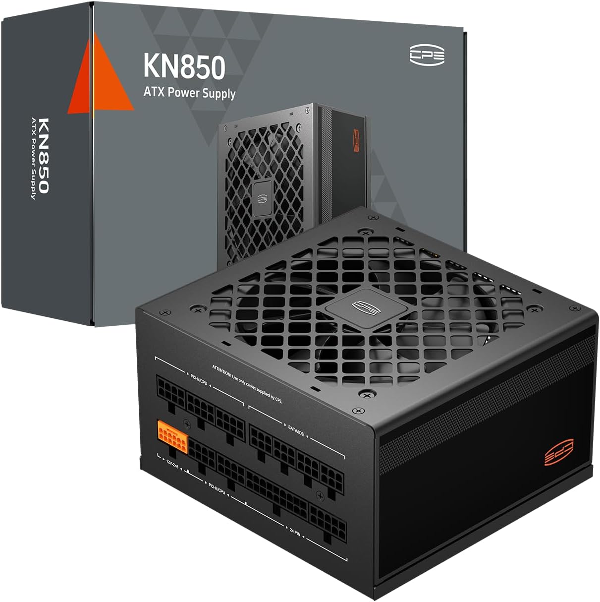 PCCOOLER KN850 850W ATX 3.1 fully modular power supply front view showcasing the durable black housing and main power switch.
