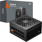 PCCOOLER KN850 850W ATX 3.1 fully modular power supply front view showcasing the durable black housing and main power switch.
