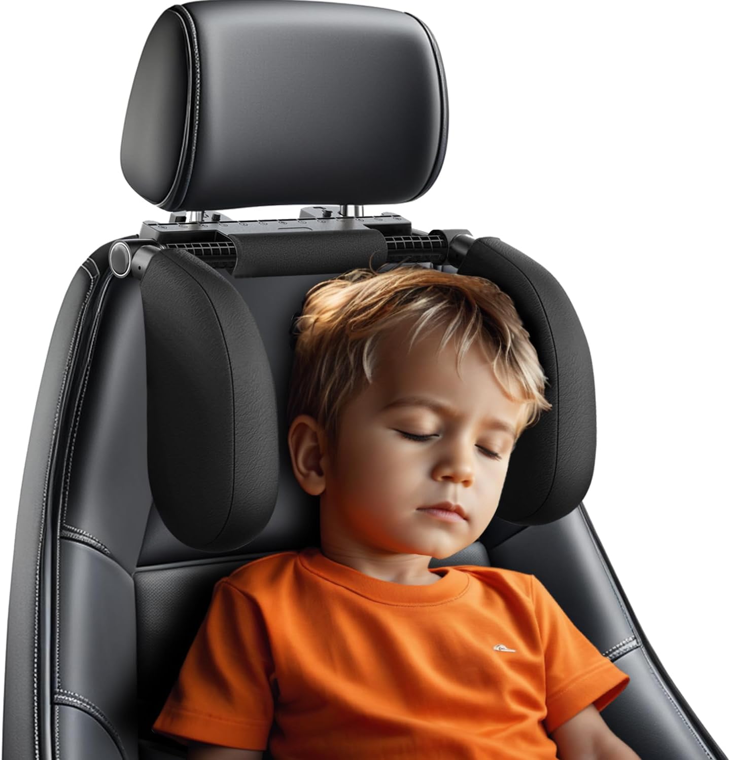 Zorunowa car headrest pillow in black showing front view of the adjustable side support cushions on a car seat.