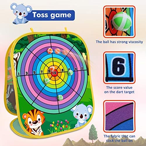 Child playing with Toyk bean bag toss game outdoors.