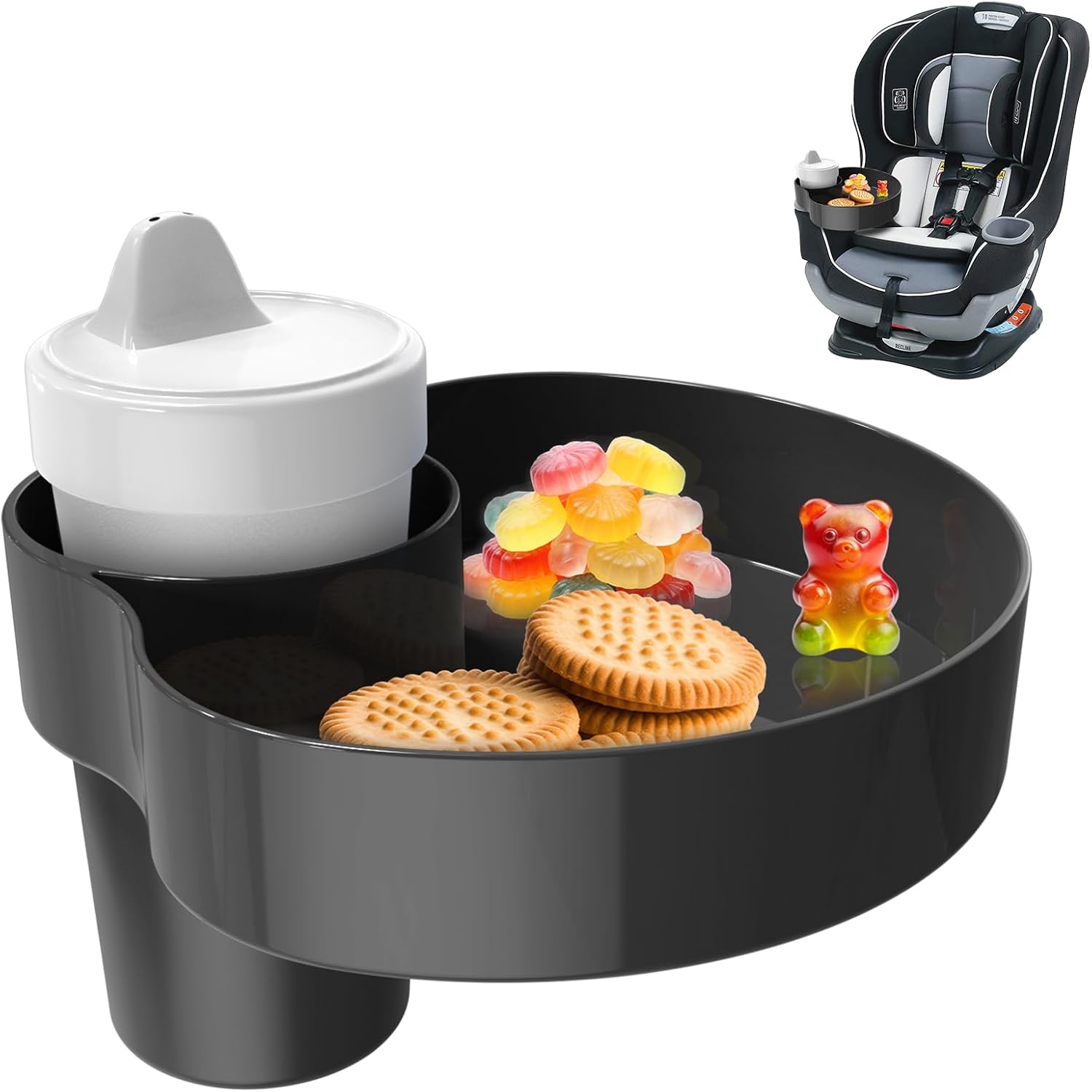 PPTSLID car seat cup holder snack tray in black installed on a toddler car seat holding a water cup and cookies.