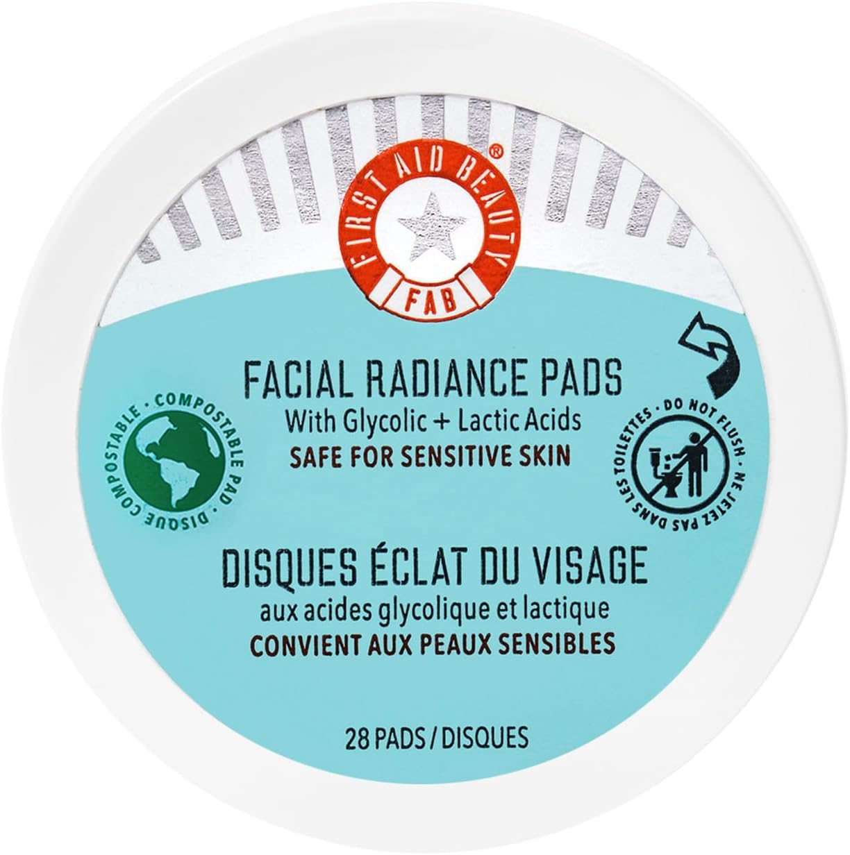 First Aid Beauty Facial Radiance Pads 28 count container front view daily exfoliating treatment