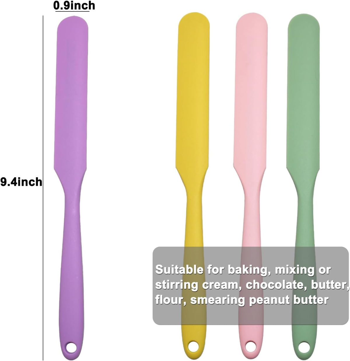 Four colorful silicone jar spatulas arranged together