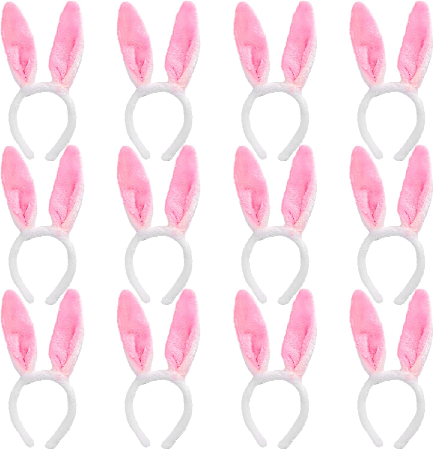 Max Fun Plush Bunny Ears Headbands front view showing 12 white and pink rabbit ear accessories for group parties.