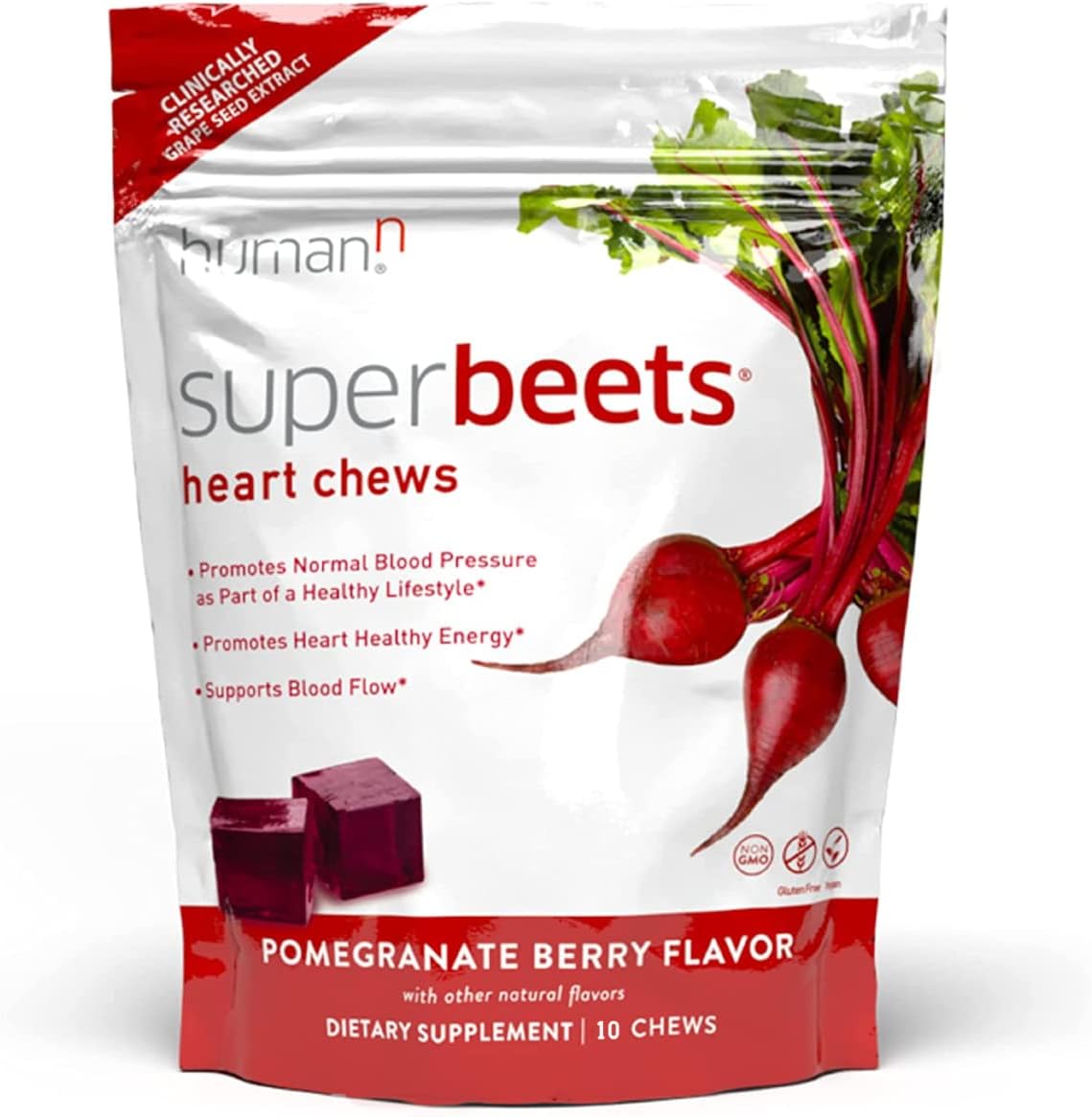 HumanN SuperBeets Heart Chews 10 Count Trial Pack - Nitric Oxide Production and Blood Pressure Support - Grape Seed Extract & Non-GMO Beet Energy Chew - Pomegranate Berry Flavor - Image 1