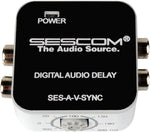 Sescom SES-A-V-SYNC A/V Lip-Sync Corrector front view showing rotary dial and audio ports