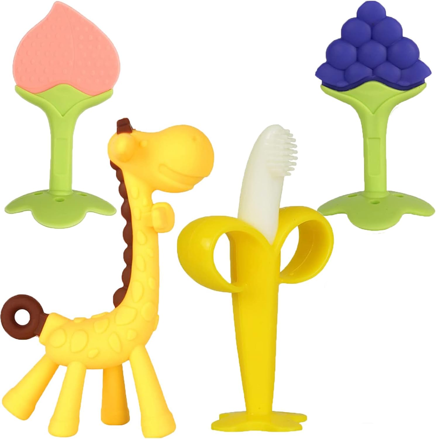 Haili Xmgq baby teething toys 4 pack set front view featuring colorful silicone giraffe and fruit teethers