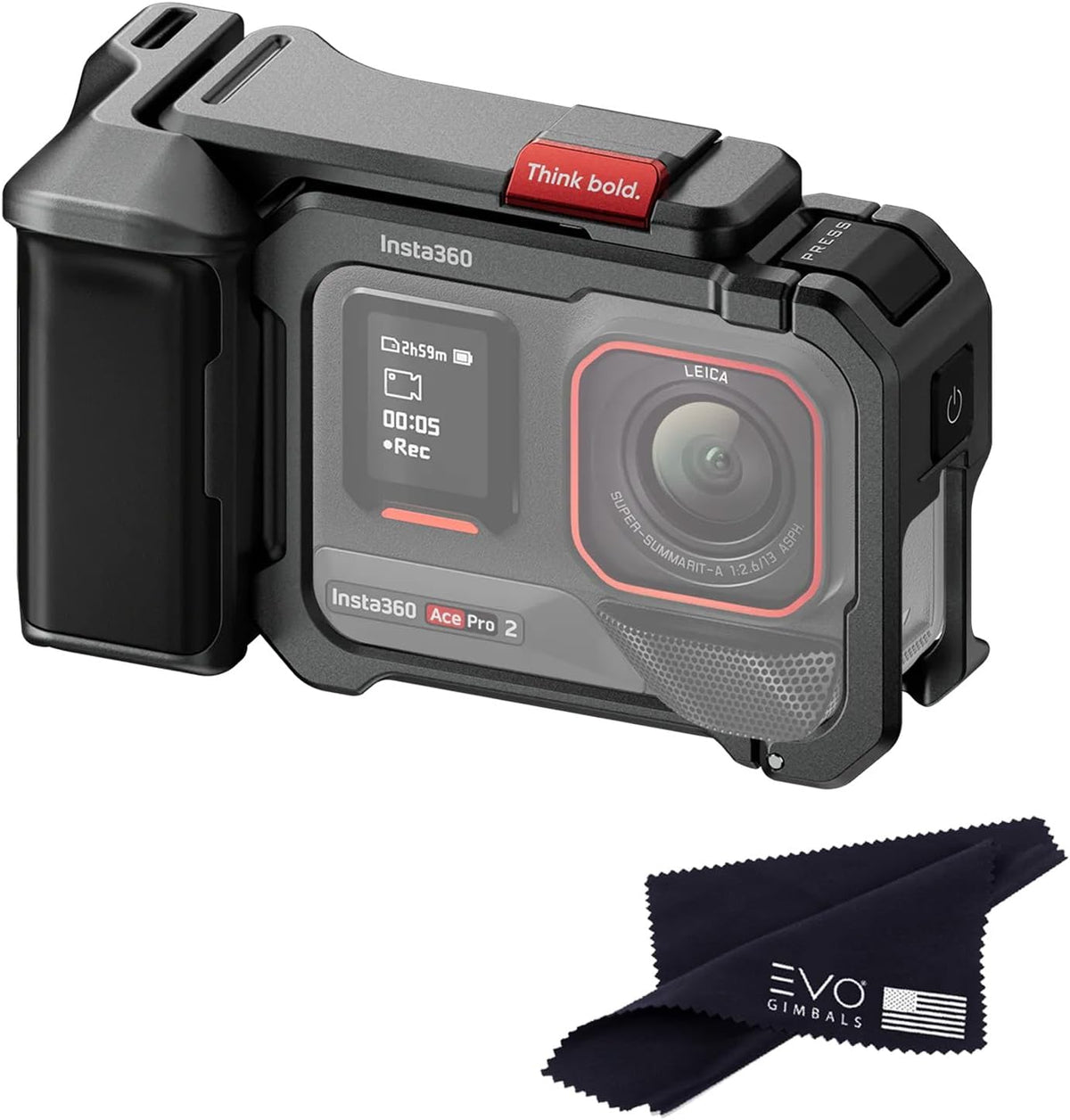 Insta360 Ace Pro 2 Xplorer Grip Kit front view showing the slate grey aluminum handle setup