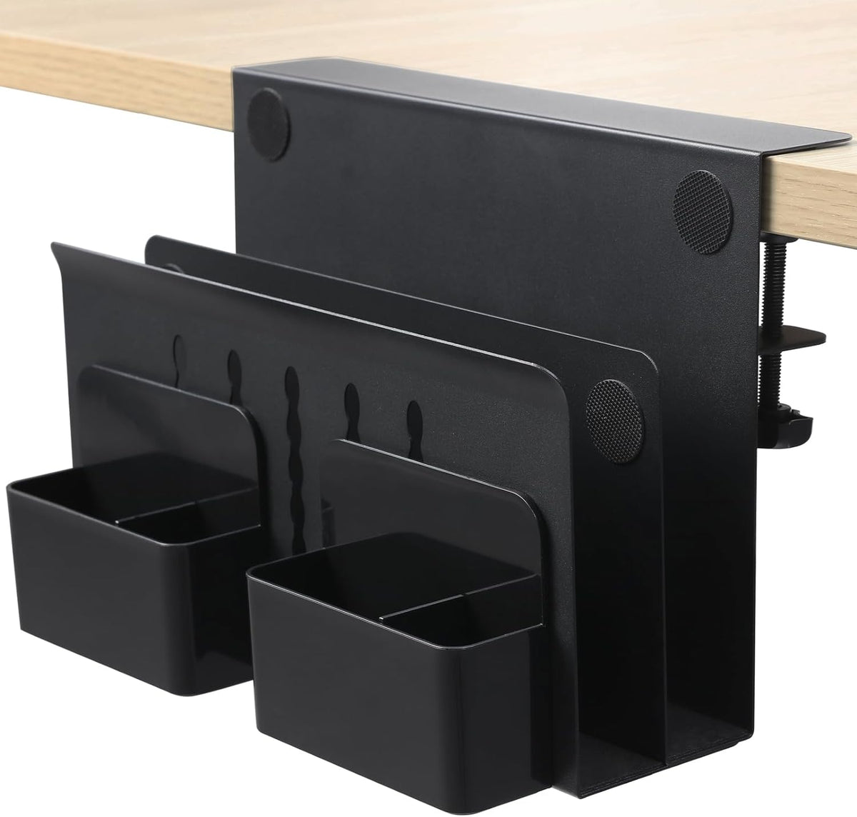 MAXECHO desk side storage organizer front view holding a laptop on a wooden workstation