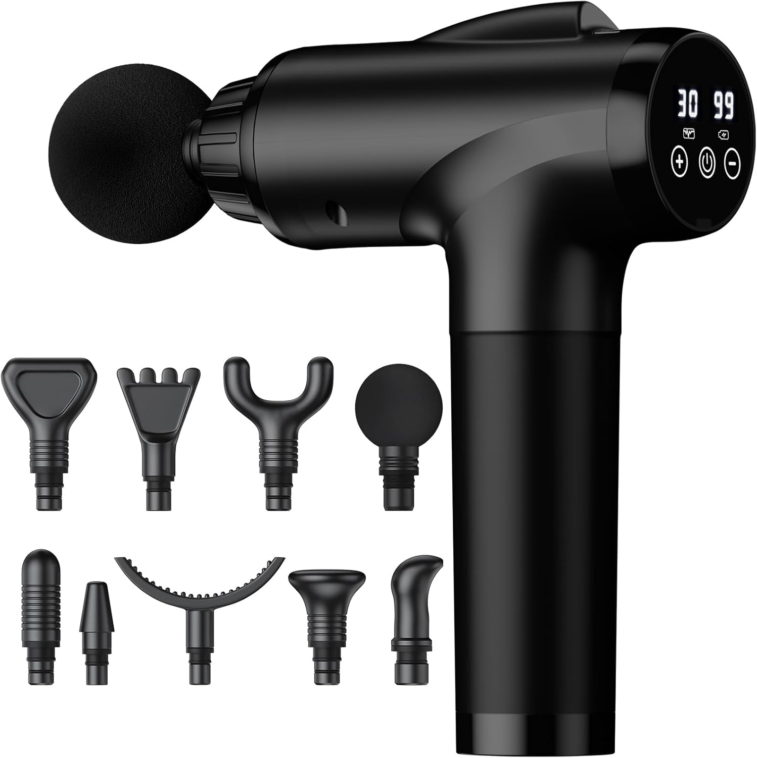 OLsky Deep Tissue Massage Gun front view showcasing the digital LED speed and battery display screen