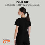 Barco One scrub top back view with panels.