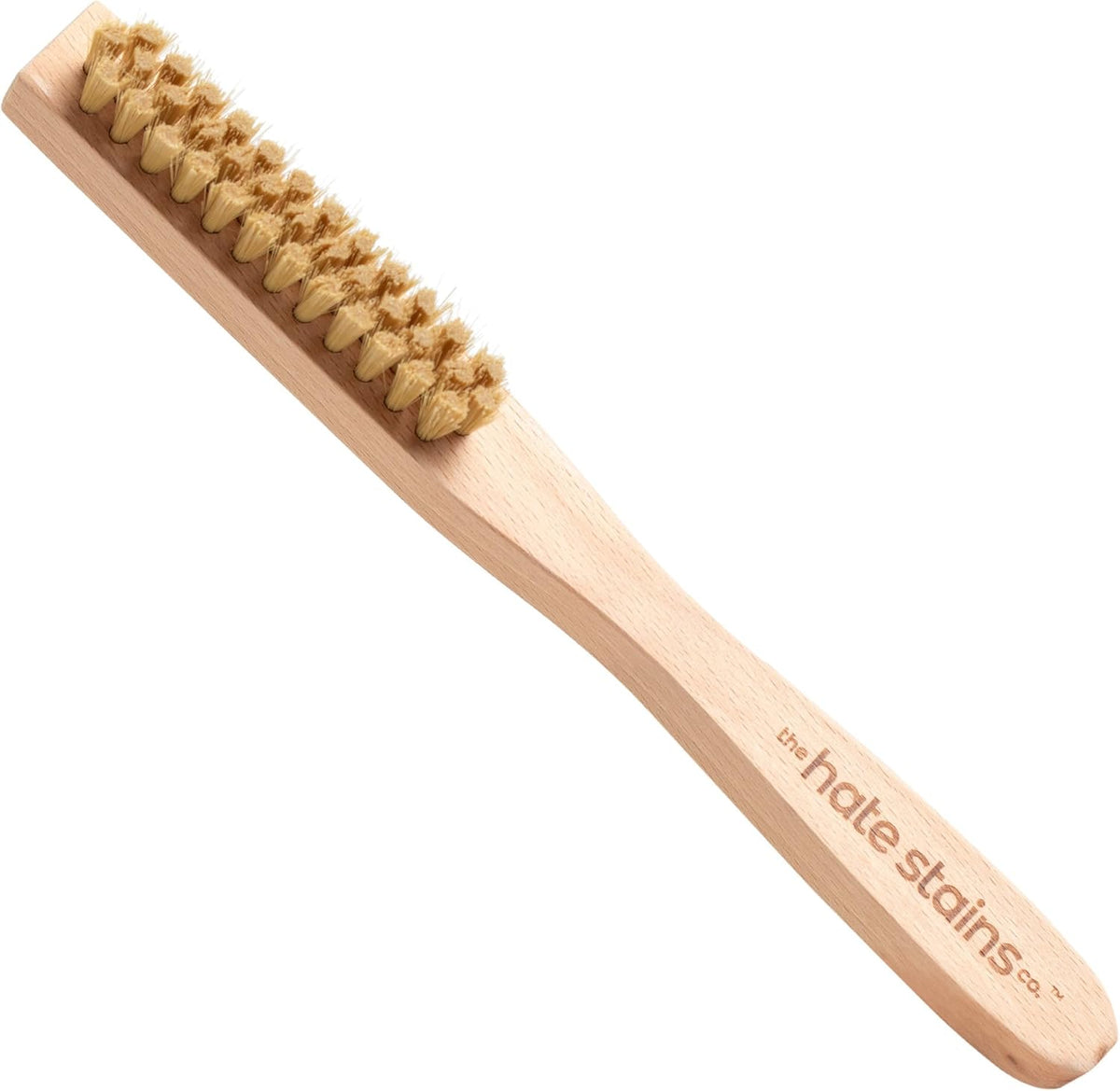 Miss Mouth's Messy Eater Laundry Brush front view showing beech wood handle for stain removal.