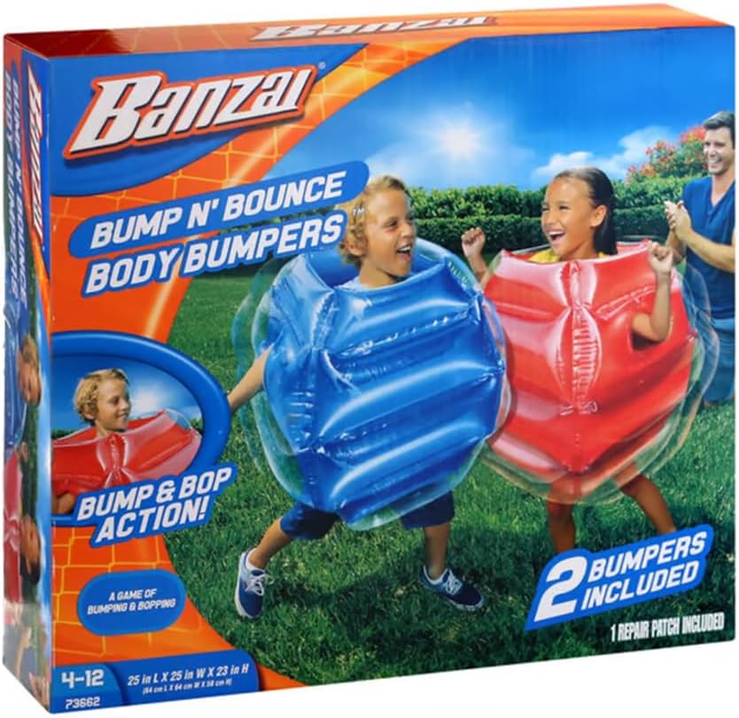 Banzai Bump N Bounce Body Bumpers set featuring one red and one blue inflatable bumper.