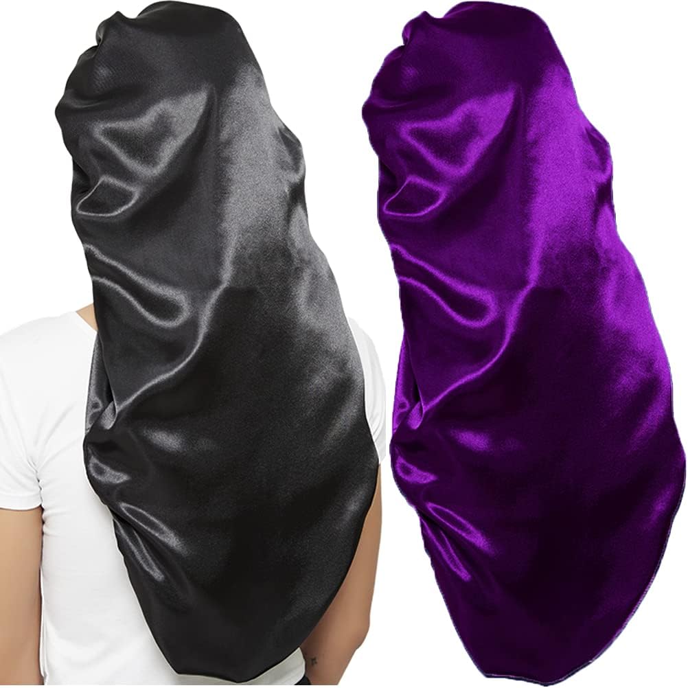 2 Pcs Hair Bonnets for Women Satin, Soft Elastic Band Silky Sleeping Cap Big Bonnets for Women Comfortable Bonnet for Braids(Black+Purple) - Image 1