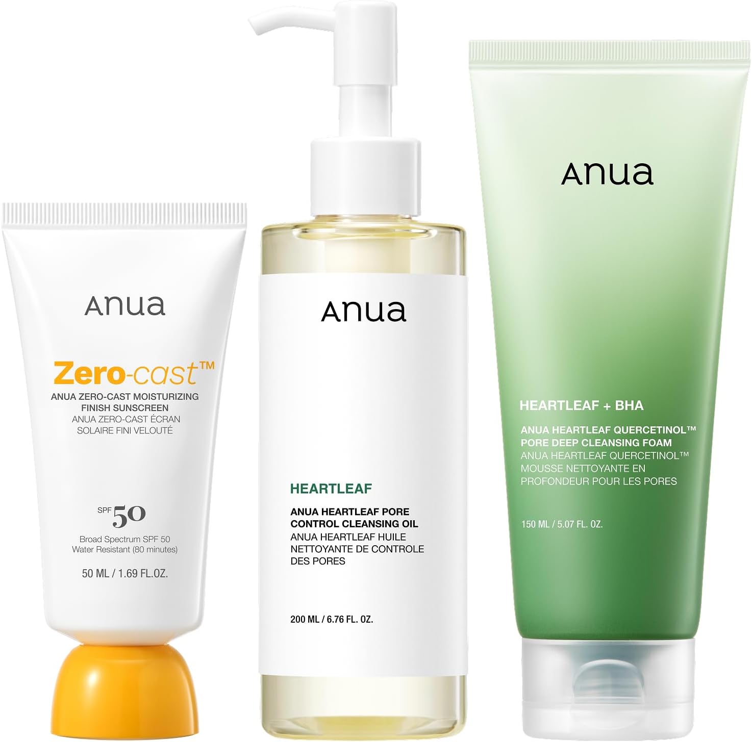 Anua After Sun Care Trio Set front view containing cleansing oil foam and sunscreen